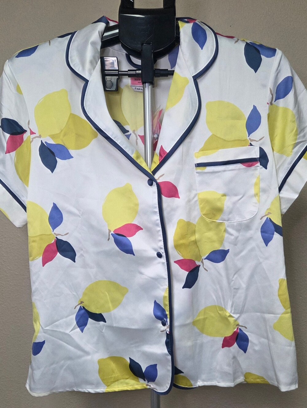 kate spade White Lemon-Print Short Sleeve Pajama Top with Navy Piping